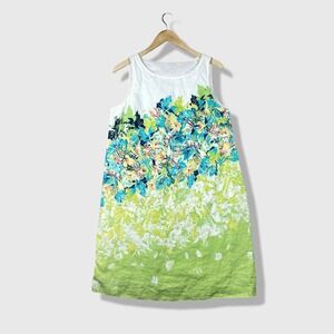 J. Jill Dress Womens M Petite Green Floral Linen Sleeveless Shift Summer Casual